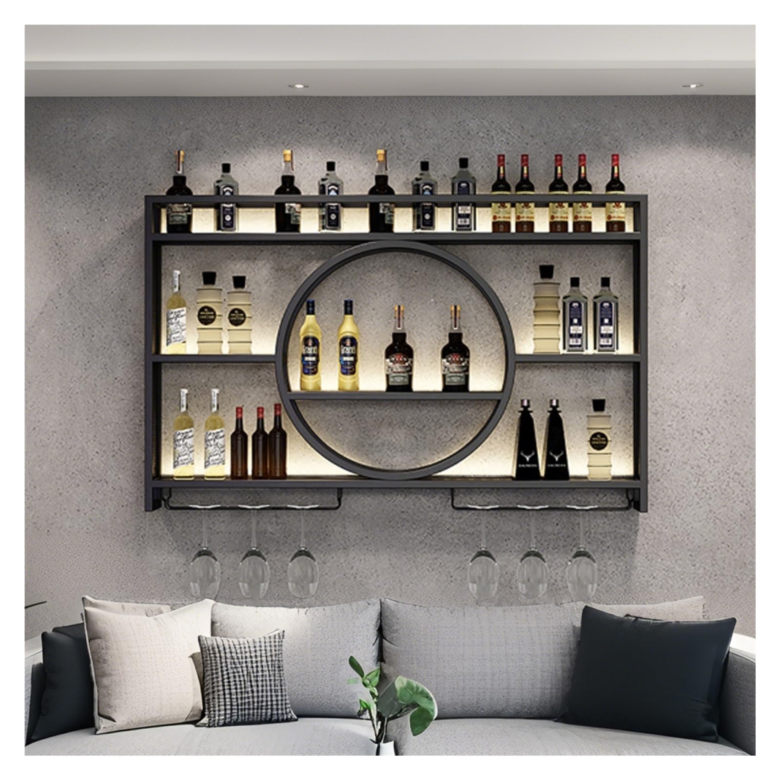 Porte-bouteilles mural noir 120cm et étagère de rangement pour salon