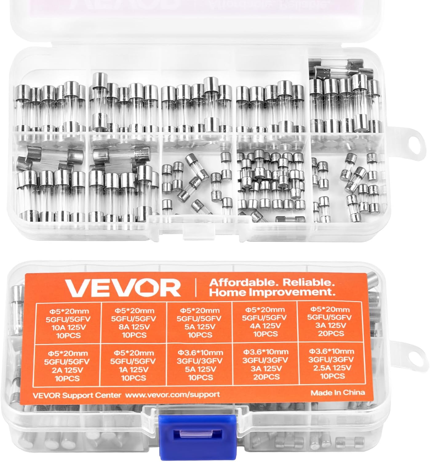 VEVOR Fast-Blow Glass Fuses Assortment Kit, 120 Pcs 125 Volt, 5 x 20 mm 1A 2A 3A 4A 5A 8A 10A, 3.6 x 10 mm 2.5A 3A 5A Tube Fuses, Suitable for Electrical Boxes, LED Strips, Electronics, Appliances