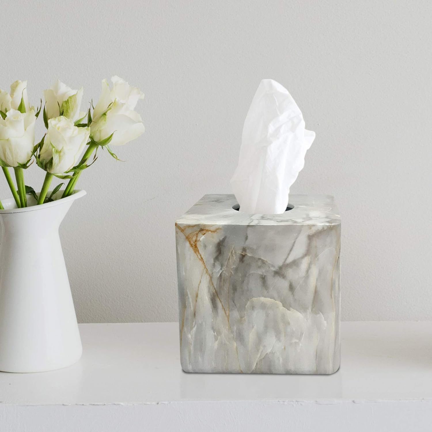 nu steel Stone Hedge Boutique Cover Set Resin Square Facial Tissue Box Holder for Bathroom Vanity Countertops, Bedroom Dressers-Marble Finish