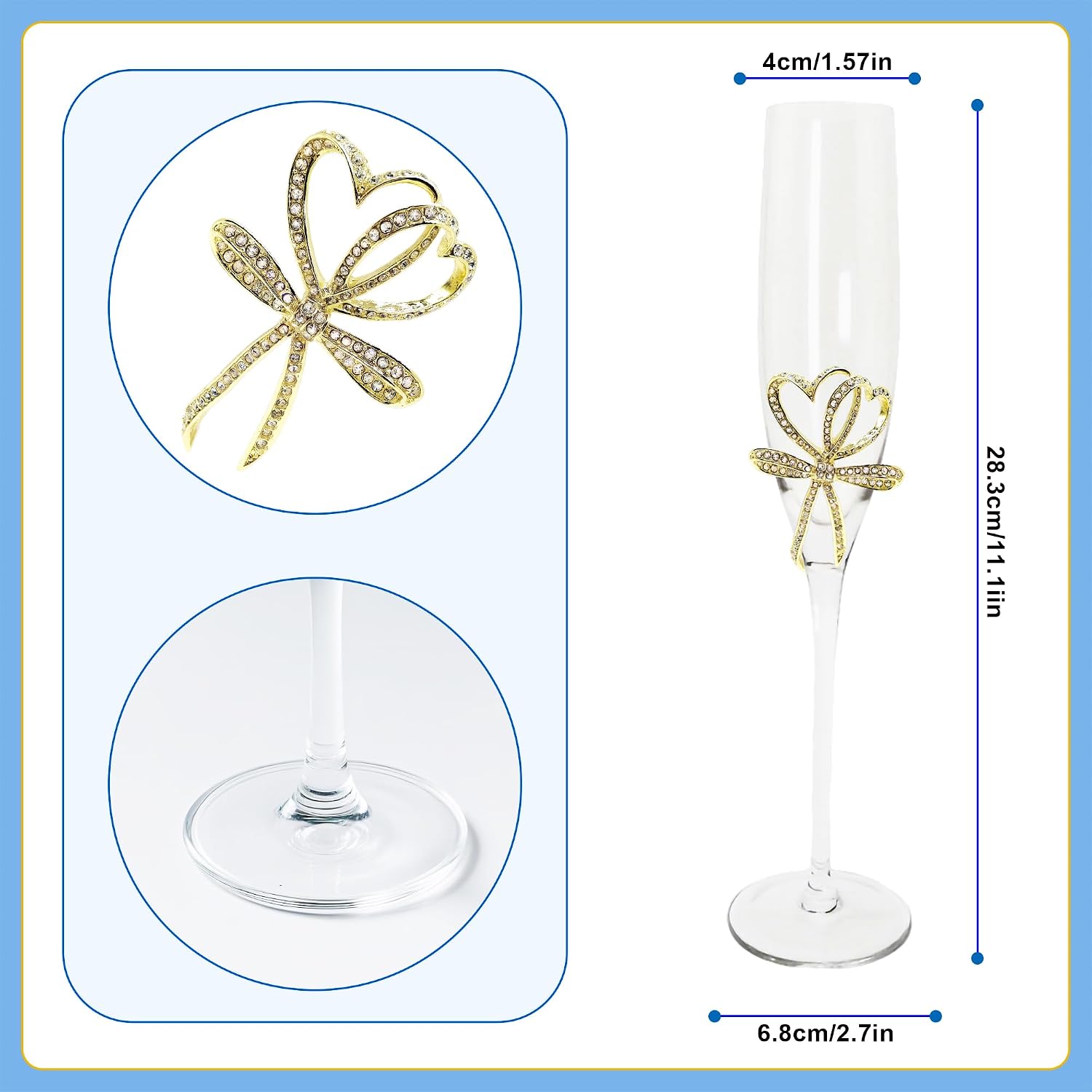 Gold Champagne Flutes - Set of 2 Hand Blown Champagne Glasses wtih Metal Accent DOUBLE HEARTS - Gifts for Birthday,Wedding, Mother’s Day - 6 oz (Modern, Gold)