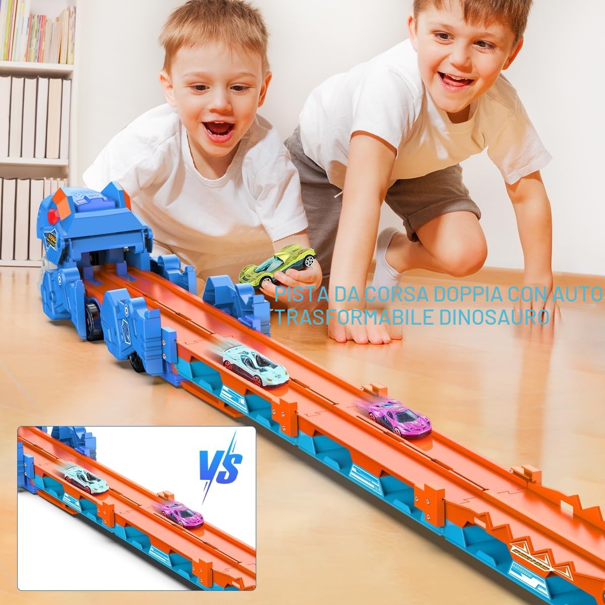 VATOS Dinosauro Trasporto Camion Giocattoli Auto per Ragazzi Età 3 4 5 6 7 8, Portatile Race Track Truck Auto Giocattoli Set con 6 Auto da corsa, Camion Carrier Play Veicoli Giocattoli Set per Bambini