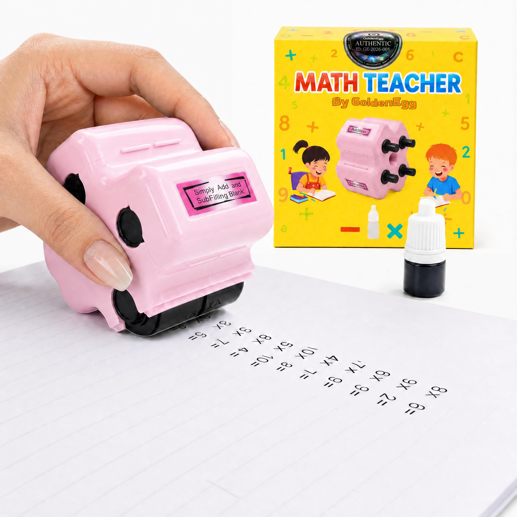 GoldenEgg Math Teacher 4-in-1 Math Roller Stamp, Addition, Subtraction, Multiplication & Fill-in-The-Blank Practice Tool for Kids, Classroom & Home Use (Pink)