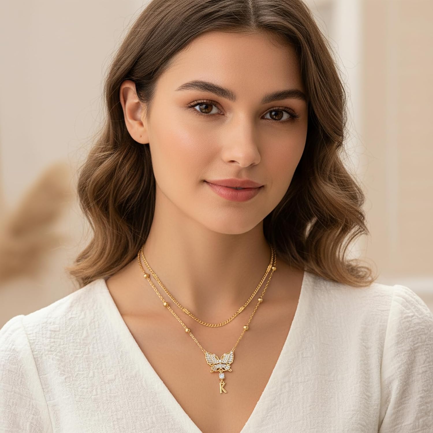 Butterfly Initial Necklaces for Women 14K Gold Plated Dainty Layered Beaded Chain Necklace with Cubic Zirconia Butterfly Pendant Letter Charm Personalized Stackable Jewelry Gift for Her - Image 3