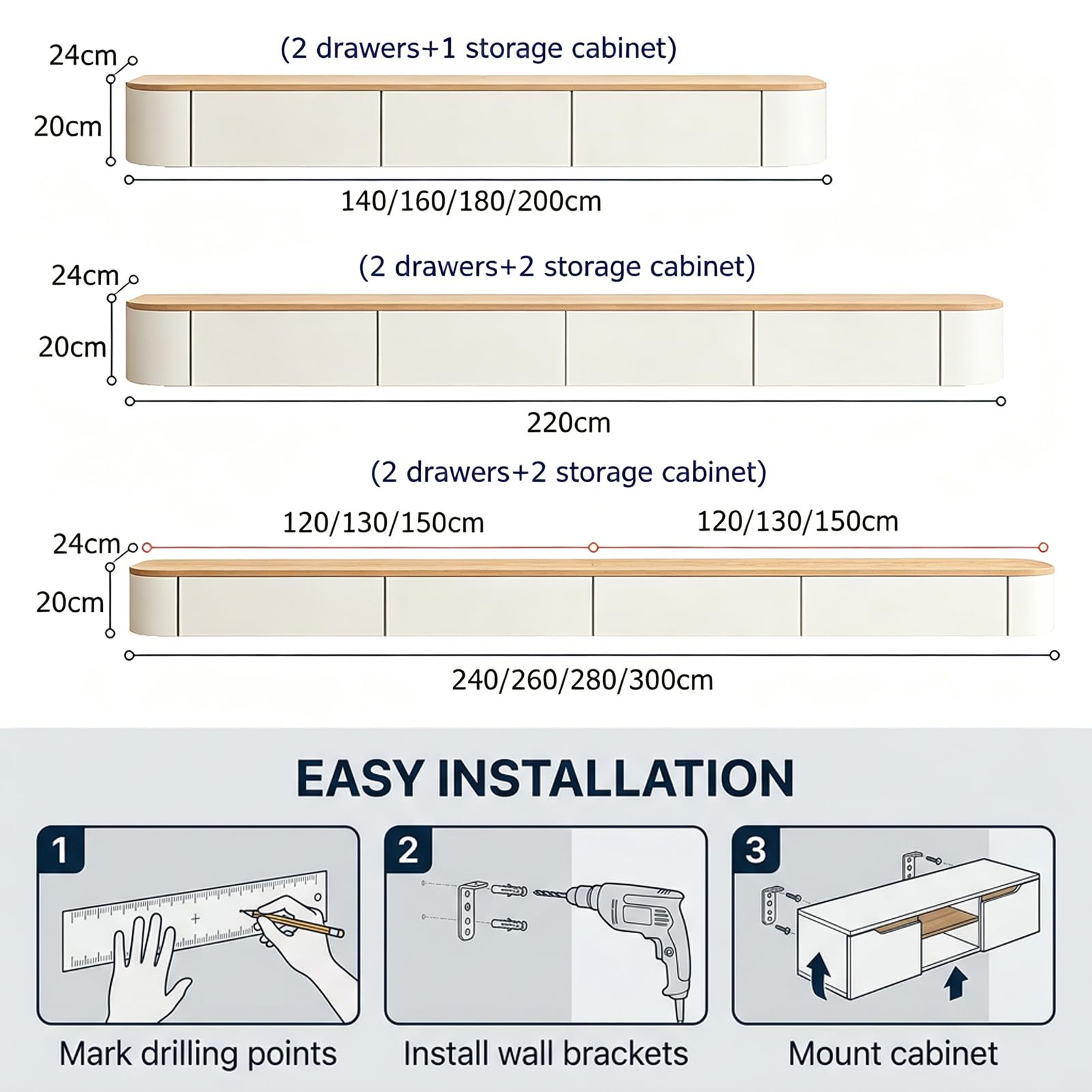 Mobile TV moderno 280 cm Beige e Bianco, Mobile TV basso con 2 cassetti e 2 ante a ribalta, Piano TV sospeso, Gestione dei cavi di alta qualità, Tavolo TV per soggiorno e sala da pranzo
