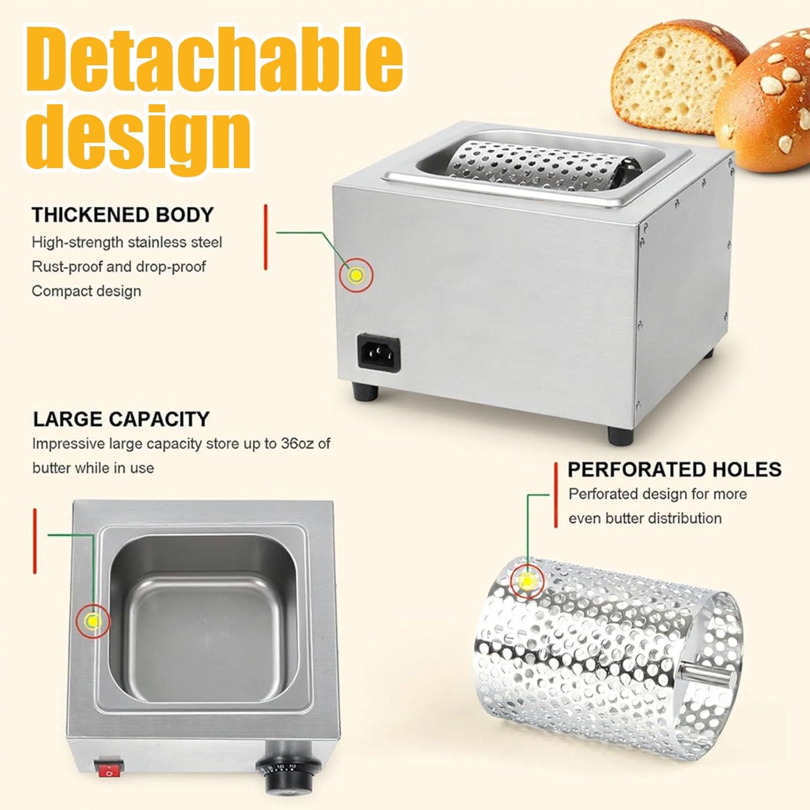Elektrischer Butterapplikator, Instant-Butterschmelzer, einstellbare Hitze, rostfrei, Edelstahl, ideal für Bäckereien, einfach zu bedienen, perfekt zum Kochen und Backen