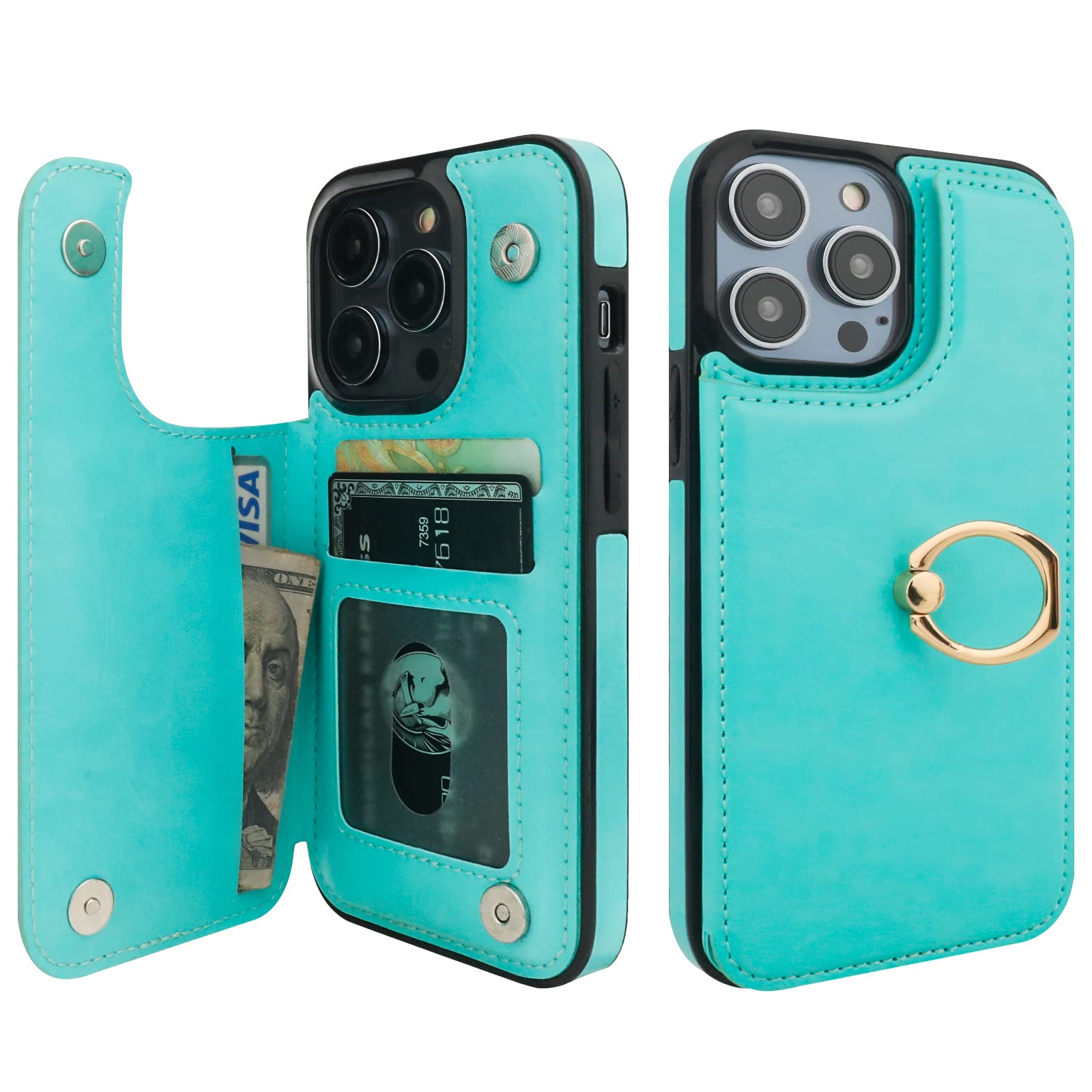 ONETOP for iPhone 14 Pro Wallet Case with Card Holder, 360° Rotation Ring Kickstand RFID Blocking PU Leather Double Magnetic Clasp Shockproof Cover