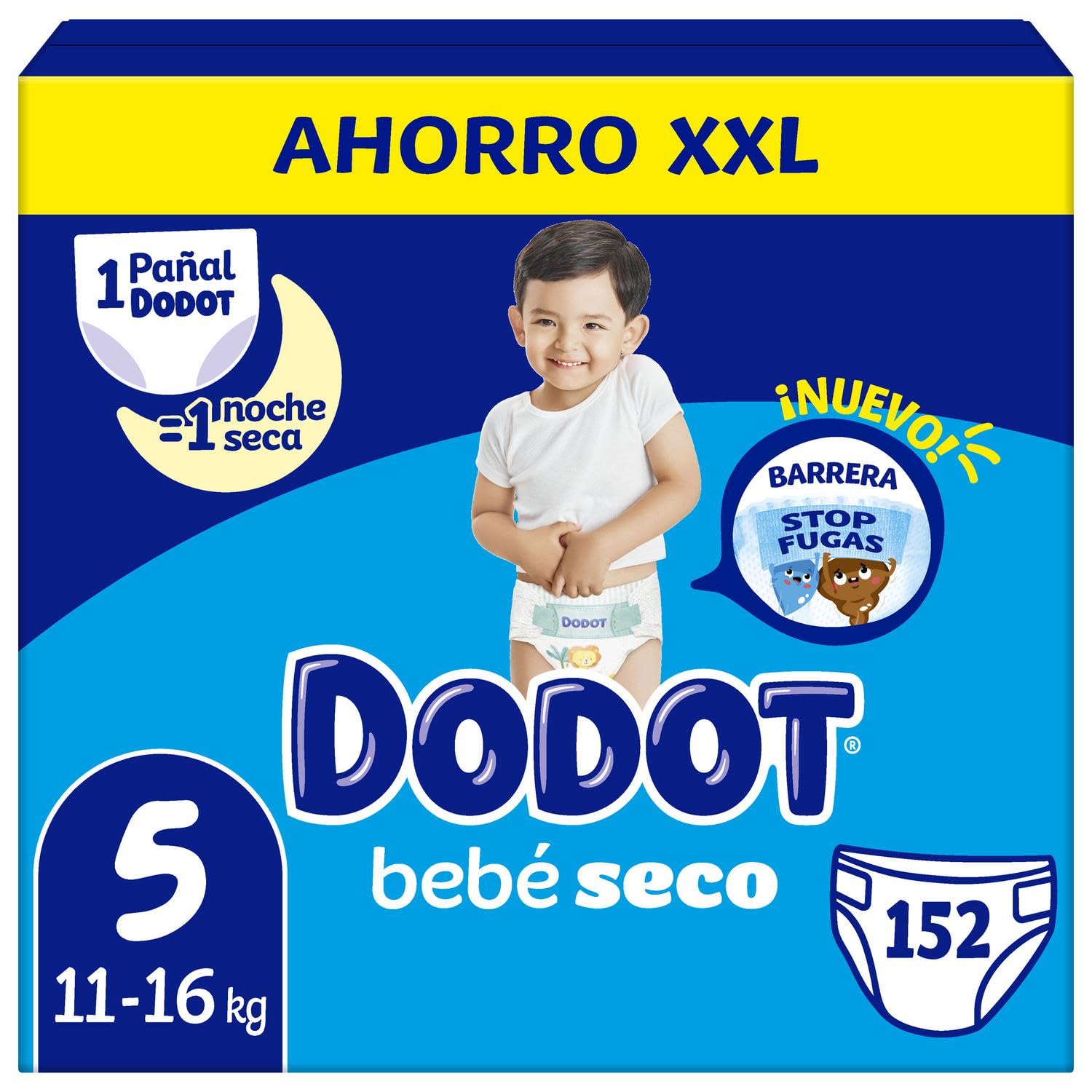 Dodot Bebé-Seco Pañales Talla 5, 152 Pañales, 11kg-16kg, Una noche hasta un 100% libre de fugas