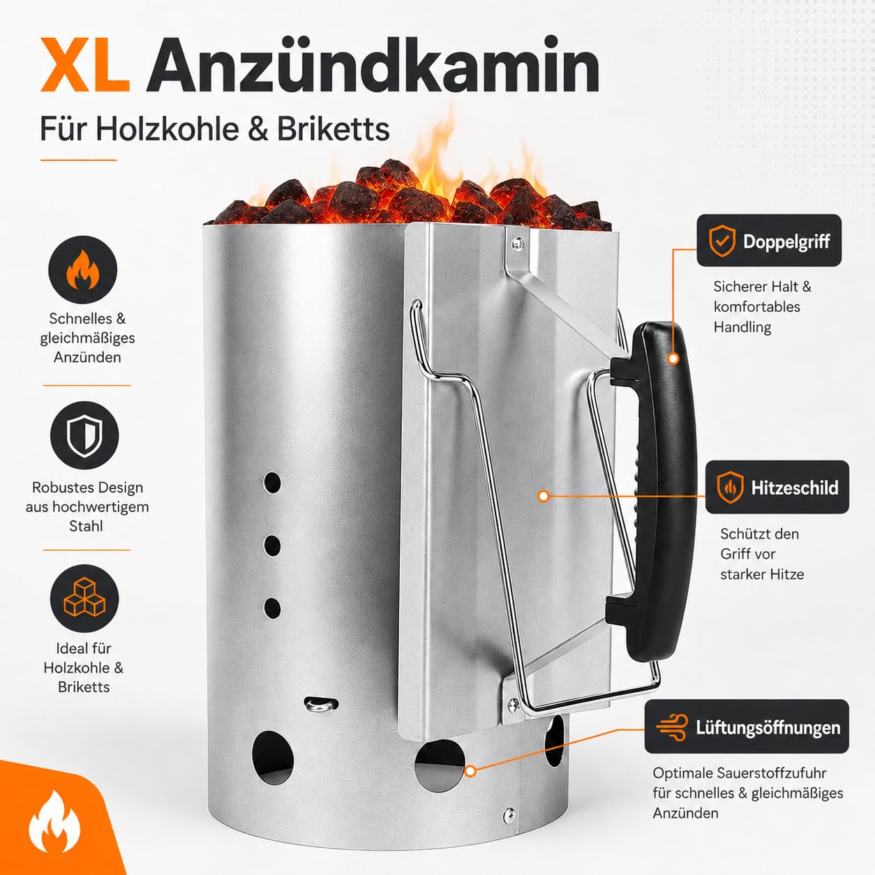 Uniflasy Anzündkamin für Weber 7416 Holzkohlegrill zubehör, 7416 XL 30,5cm | kompakter Grillanzünder mit zwei Griffen, Hochwertiger Grillkohleanzünder aus Edelstahl, Rapidfire Starter, Grillkamin(7416)