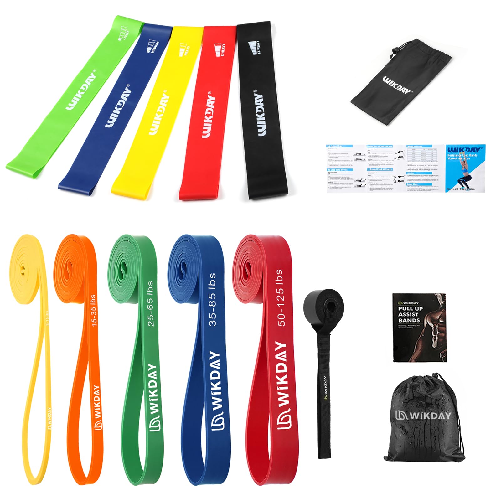 WIKDAY Fasce di resistenza, fasce elastiche per trazioni, fasce da allenamento per esercizi, set di fasce di resistenza spesse e pesanti con ancoraggio per porta, fasce elastiche per stretching del