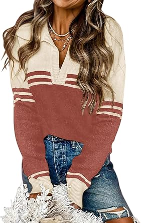 COCCKO Womens Long Sleeve V Neck Pullover Sweaters Casual Striped Knitted Sweater Jumper Tops