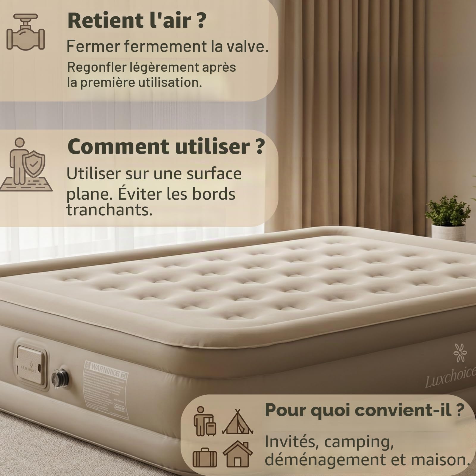 Luxchoice Matelas Gonflable électriques 2 Personnes Lit Gonflable Autogonflant avec Portable Pompe Anti-Usure et Anti-Bruit en Tissu de Qualité Supérieure pour Le Camping ou la Maison