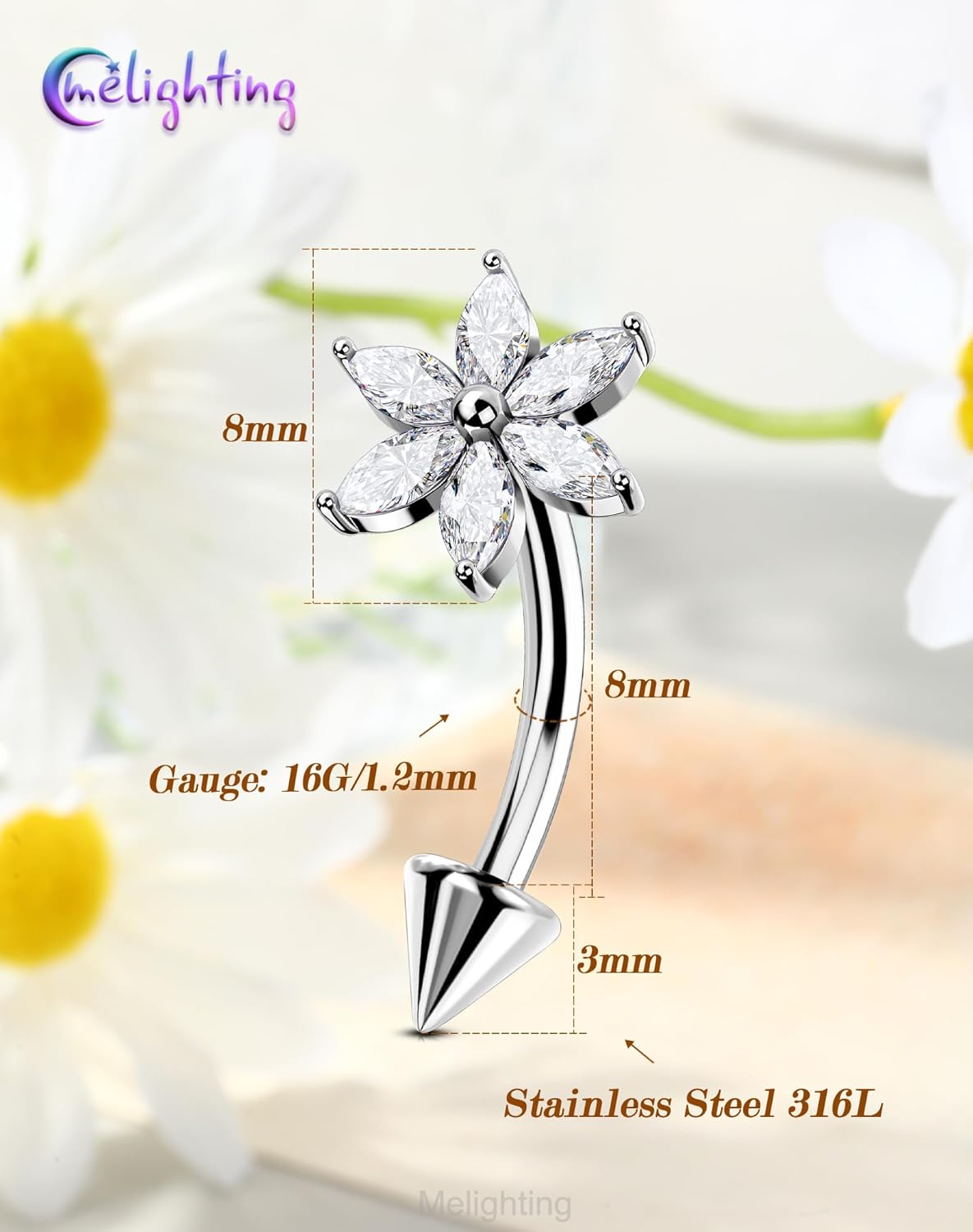 Melighting 16G Flower Rook Piercing Jewelry Surgical Steel 316L, Marquise CZ Eyebrow Ring, 8 mm Silver Vertical Labret Lip Jewelry, Lotus Cartilage Helix Earring for Women - Image 4