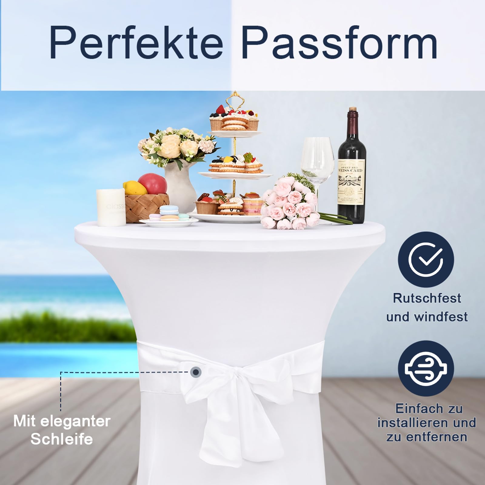 Alishomtll Lot de 3 housses de table haute avec nœud, diamètre 80 cm, extensibles, élégantes housses de table pour table de bistrot, table haute, banquet, mariage (Ø 80 x 110 cm, blanc)