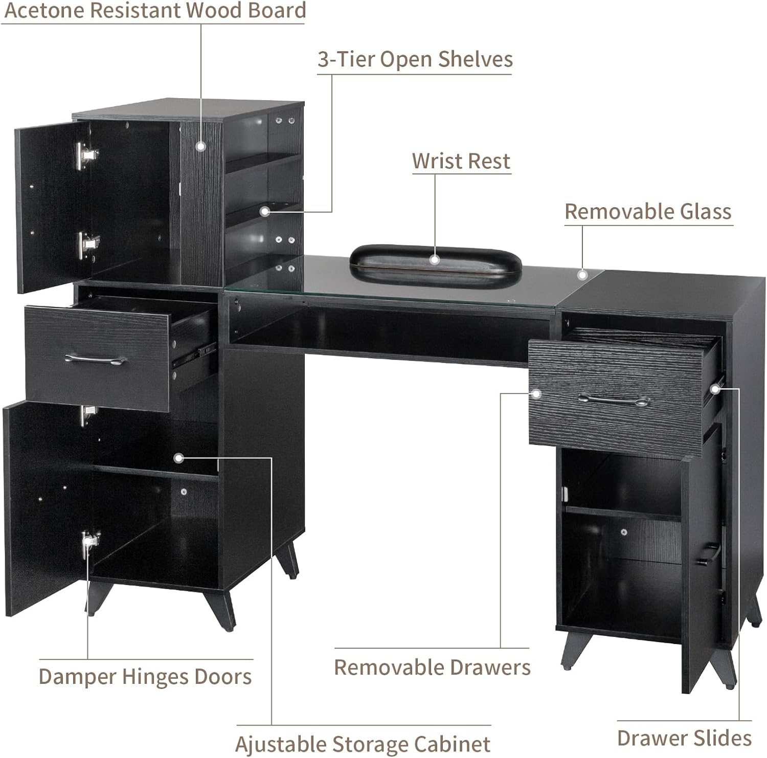 Goujxcy Manicure Table Nail Desk Workstation w/Cabinet, Drawers, Nail Salon Desk Beauty Spa Salon Home Wooden Technician Workstation Nail Art Equipment for Nail Tech (Black)