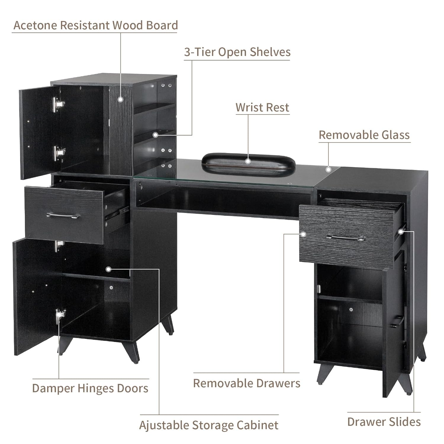 Paddie Manicure Table, Glass Table Top Nail Table Station Nail Makeup Desk for Nail Tech w/3 Side Cabinets, Nail Arm Rest, 3-Tiers Open Shelves, 2 Storage Drawers, Metal Handles (Black)