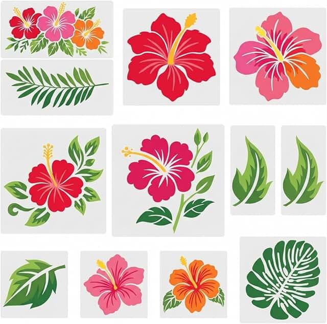 Tenare 12pcs Large Flower Hibiscus Stencils Tropical Palm Leaves Hibiscu...