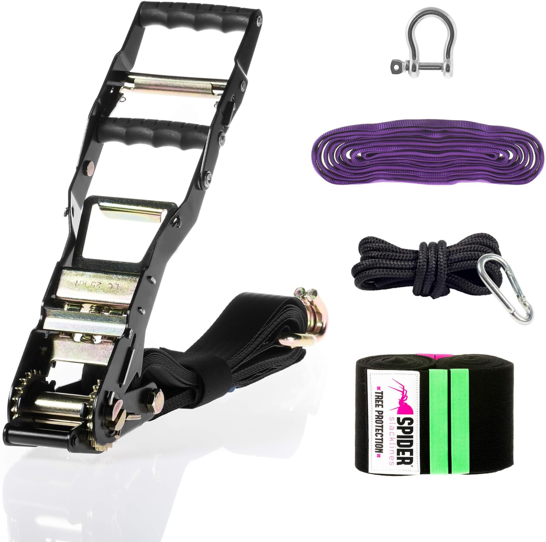 TAS09 - Mandingo Kit SR - Professional Double Lever Ratchet with SR XL and Accessories - Contains a Mandingo Tensioner with Slow Release XL, a Sling 1T 3m, a 1.5T 12mm Shackle, Two XL Shaft Protectors and a Back Up Kit - Complete Set for Slackline PRO and TRICK Tensioning