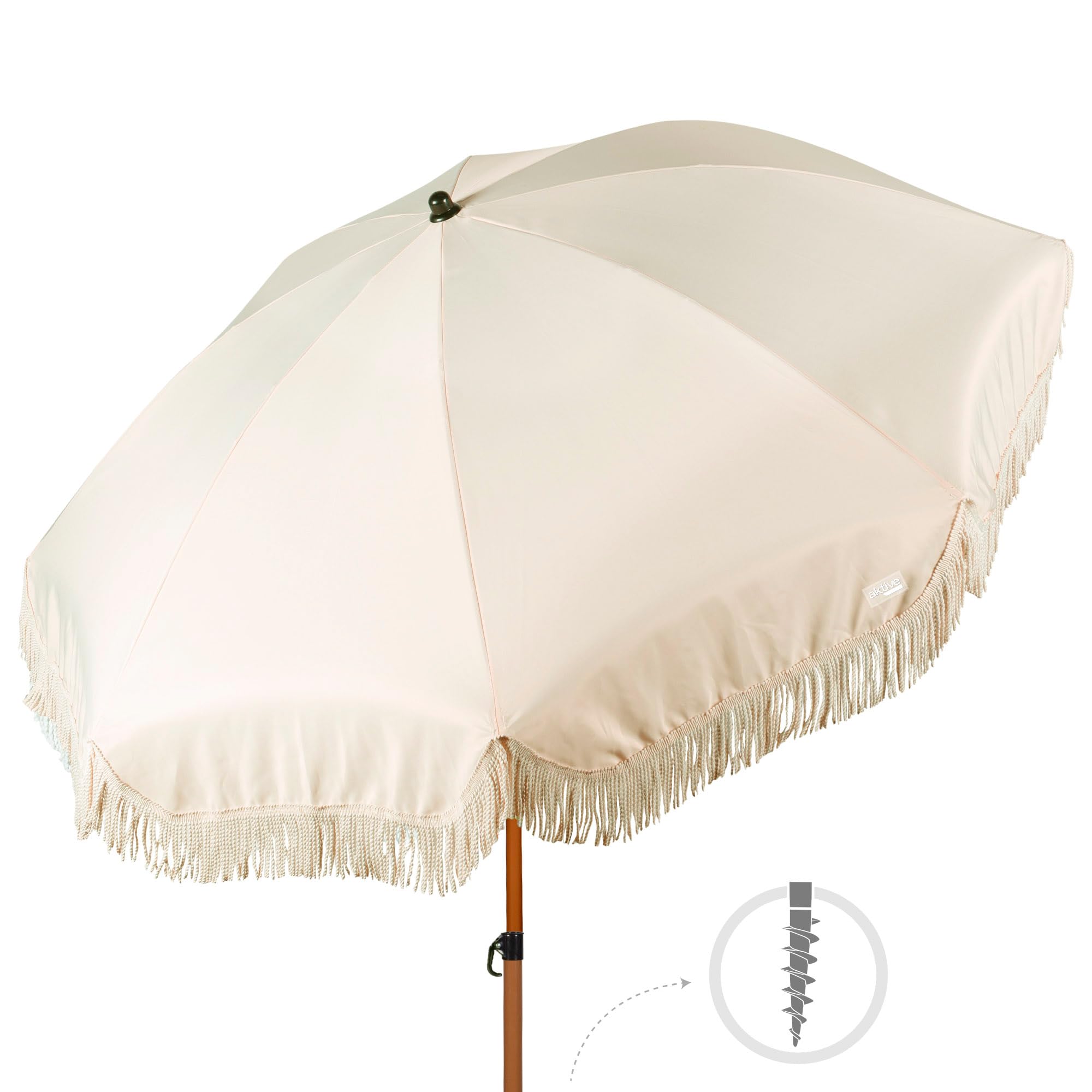 AKTIVE Sombrilla de playa, Color beige, 200 cm, Mástil aluminio efecto madera, Inclinable y regulable en altura, Tejido poliéster, Protección UV30, Sombrillas grandes (62341)