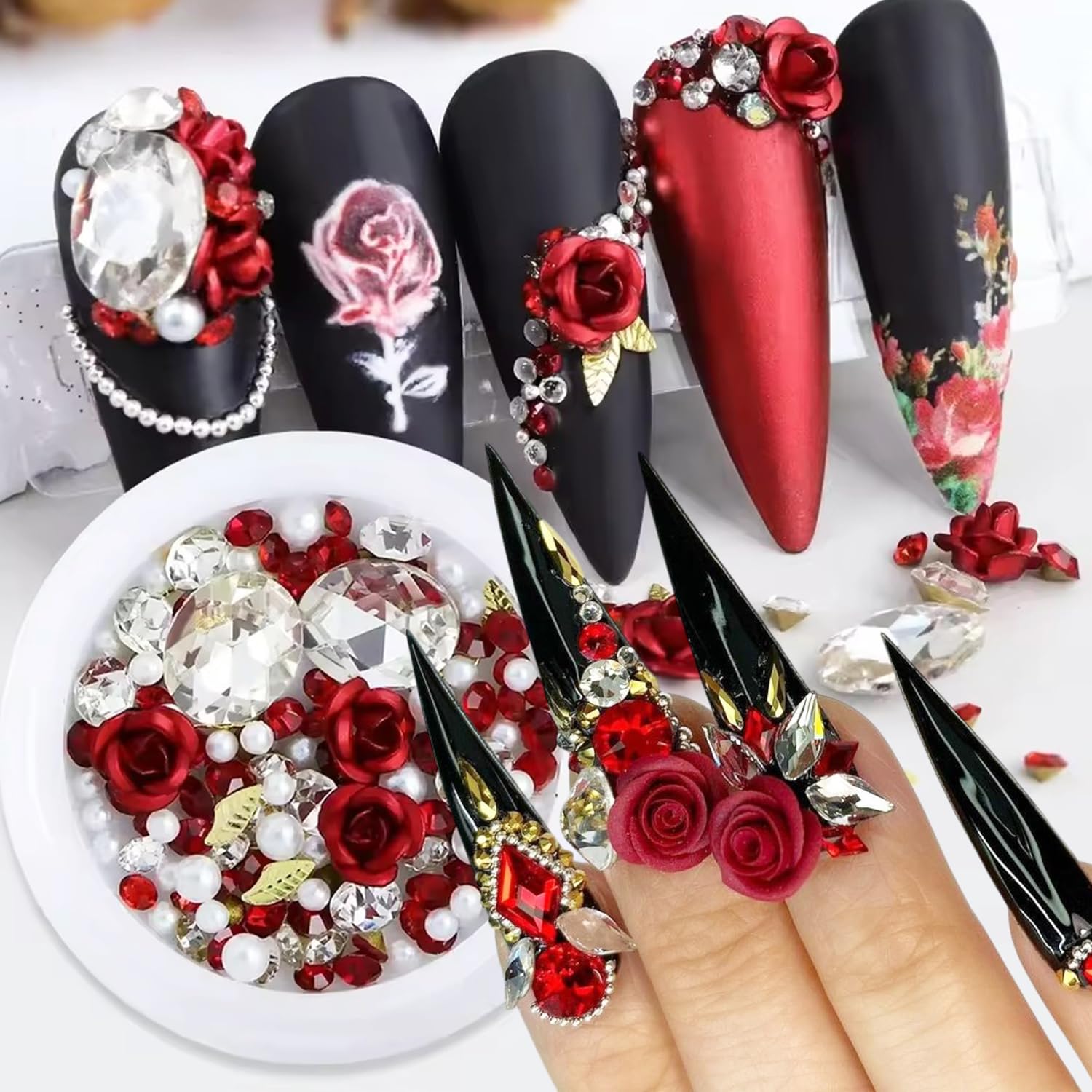 3D Red Rose Flower Nail Art Charms Valentines Nail Charms Romantic Flowers Nails Design Decorations Mixed Shiny Pearl Crystal Gems Nail Rhinestones