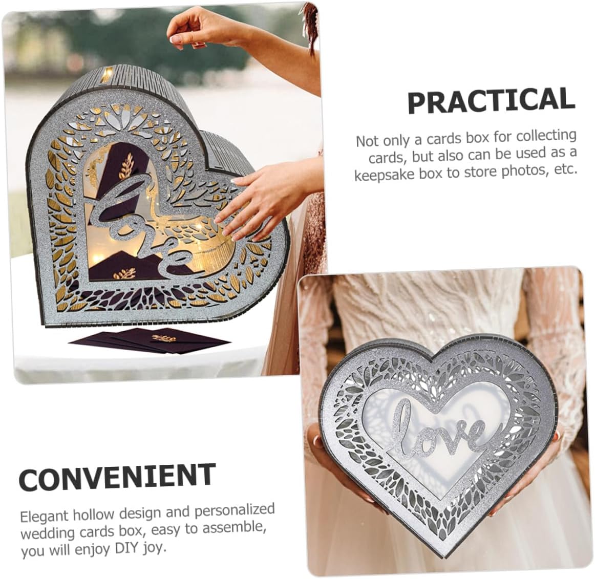 Wooden Heart-shaped Card Box Hollow Glitter Portable Wedding Reception Storage Box Greeting and Anniversary Cards Holder for Valentine Party Decor