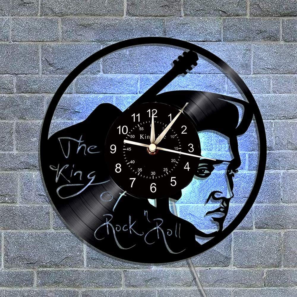 Vinilo Pared Reloj, Reloj de Pared Grande con el Tema de Elvis Presley, el Rey de la música y el Rock, Regalo Creativo Reloj de Pared Hecha a Mano,A