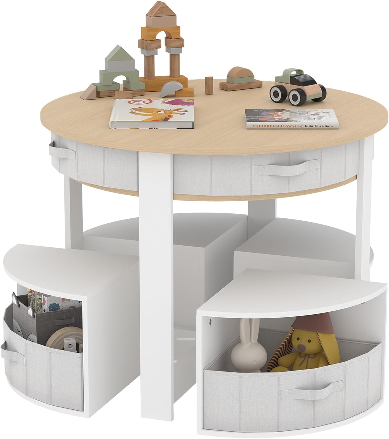 Kids Table and Chair Set, 5 Pieces Wooden Round Nesting Design Children Multi-Activity Table With 4 Storage Stools & 4 Fabric Drawers, Toddler Table and Chair Set for Play/Art/Reading/Craft