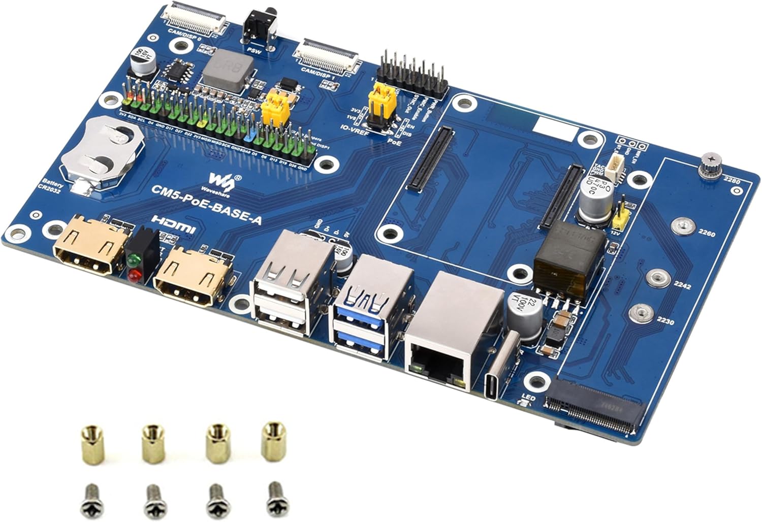 Compute Module 5 PoE Base Board, CM5 IO Board with PoE Feature, Support POE and Type C Power Supply/M.2 NVMe Solid State Drive 2280 2260 2242 2230, Onboard MIPI/M.2/HDMI/USB/ETH/TF Card Slot