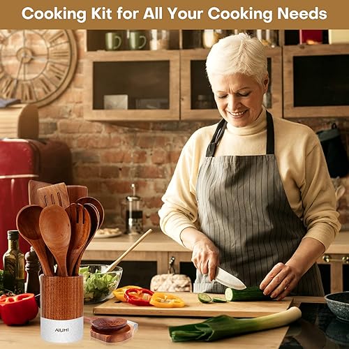 Miniatura 7 de 10 utensilios de cocina de madera para cocina con soporte y reposo, juego de utensilios de cocina de madera, cucharas de madera de teca para