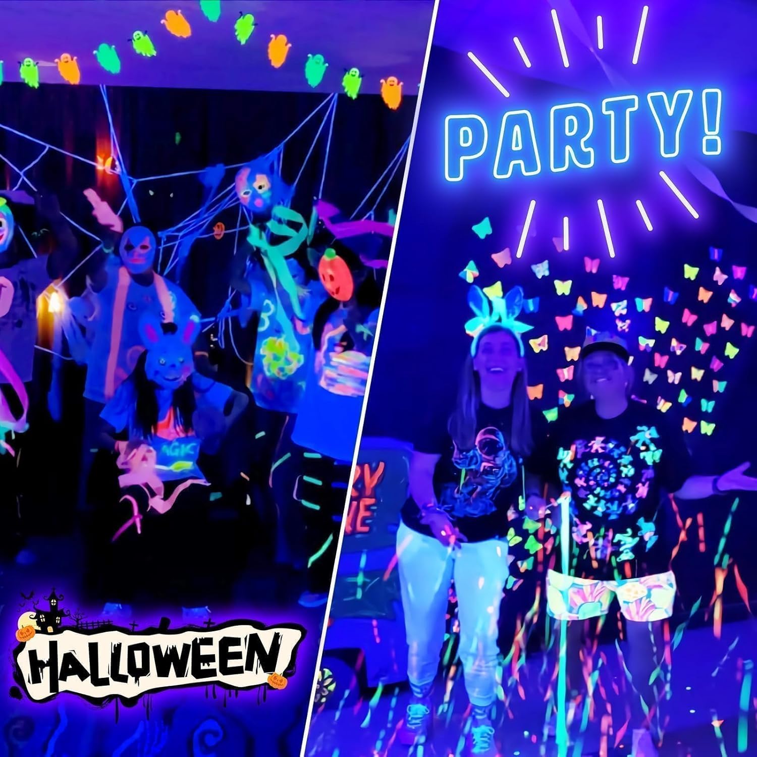 People enjoying a Halloween party with black lights illuminating costumes and decorations