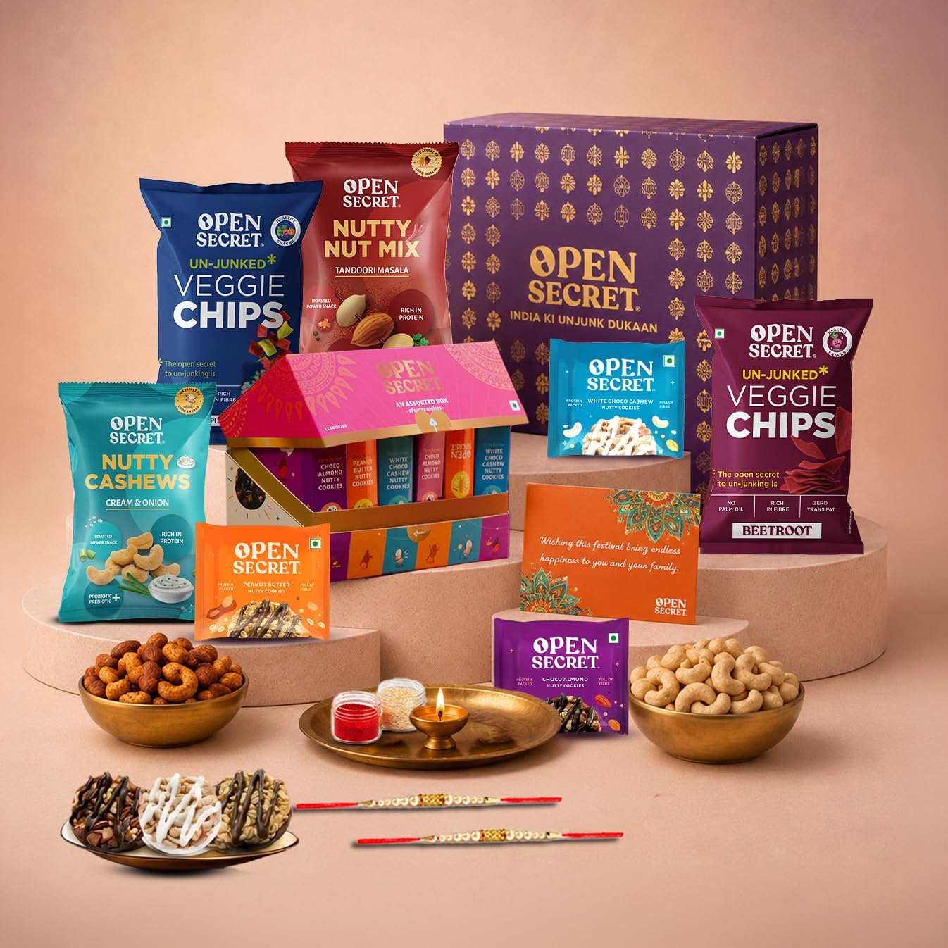 Open Secret Rakhi Set for Brother | Combo of 20 | Rakhi Gift for Brother & Bhabhi, Gift Hamper, Rakshabandhan Gifts for Sister, Dry Fruits, Chocolate Cookies, Chips, Rakhis, Card & Roli Chawal Tilak Set