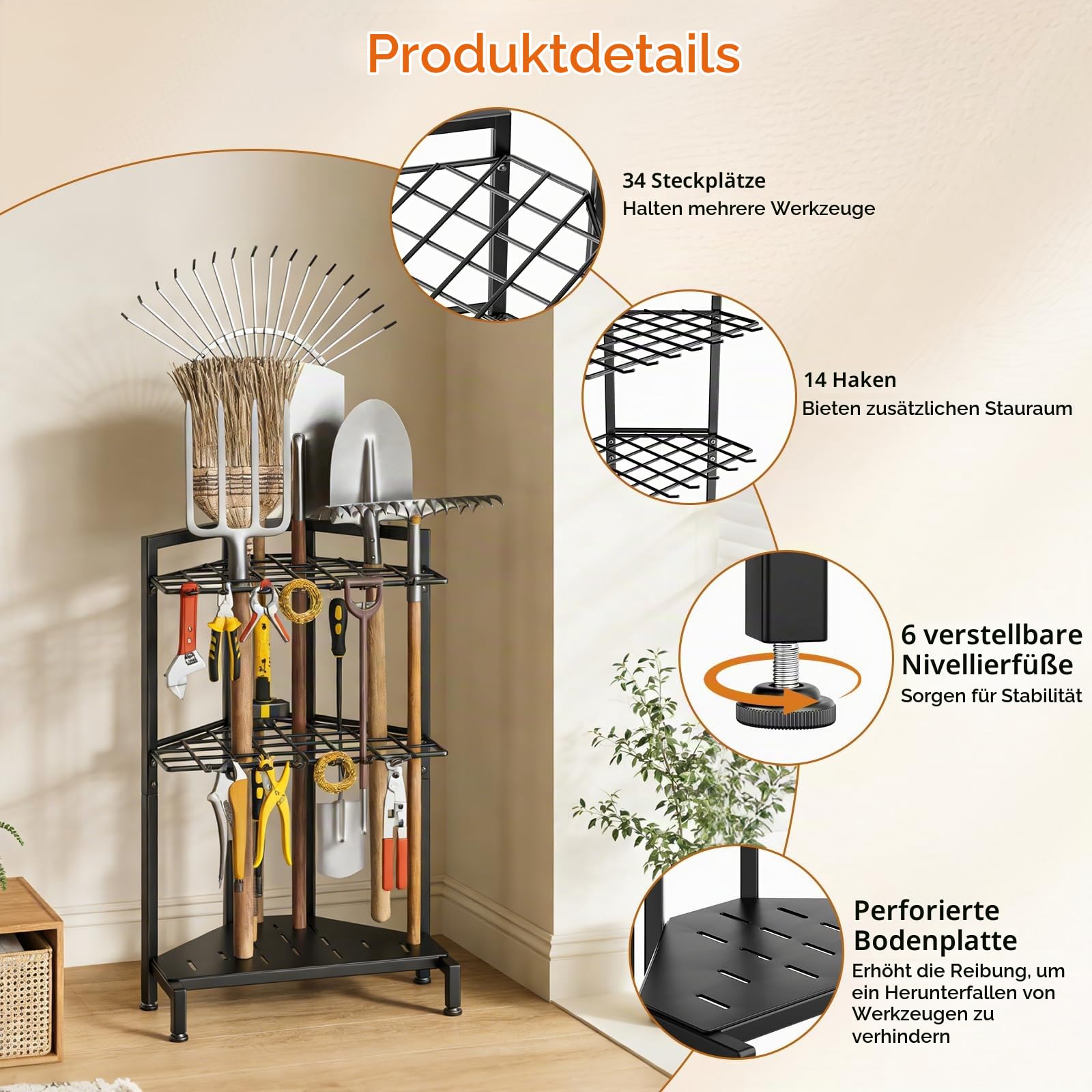 Gartengeräte-Organizer mit 3 Ebenen aus Metall, Lagerung für Schuppen, Gartengeräte mit langen Stielen, Rechen, Besen, Garage, Patio, Terrasse, Innen und Außen