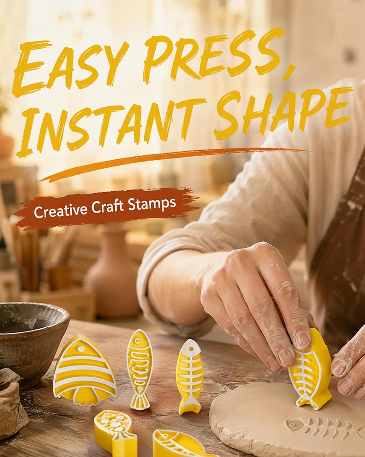 Fish Shaped Polymer Clay Stamp Set, Ocean & Fish Pottery Stamp for Clay (Yellow)