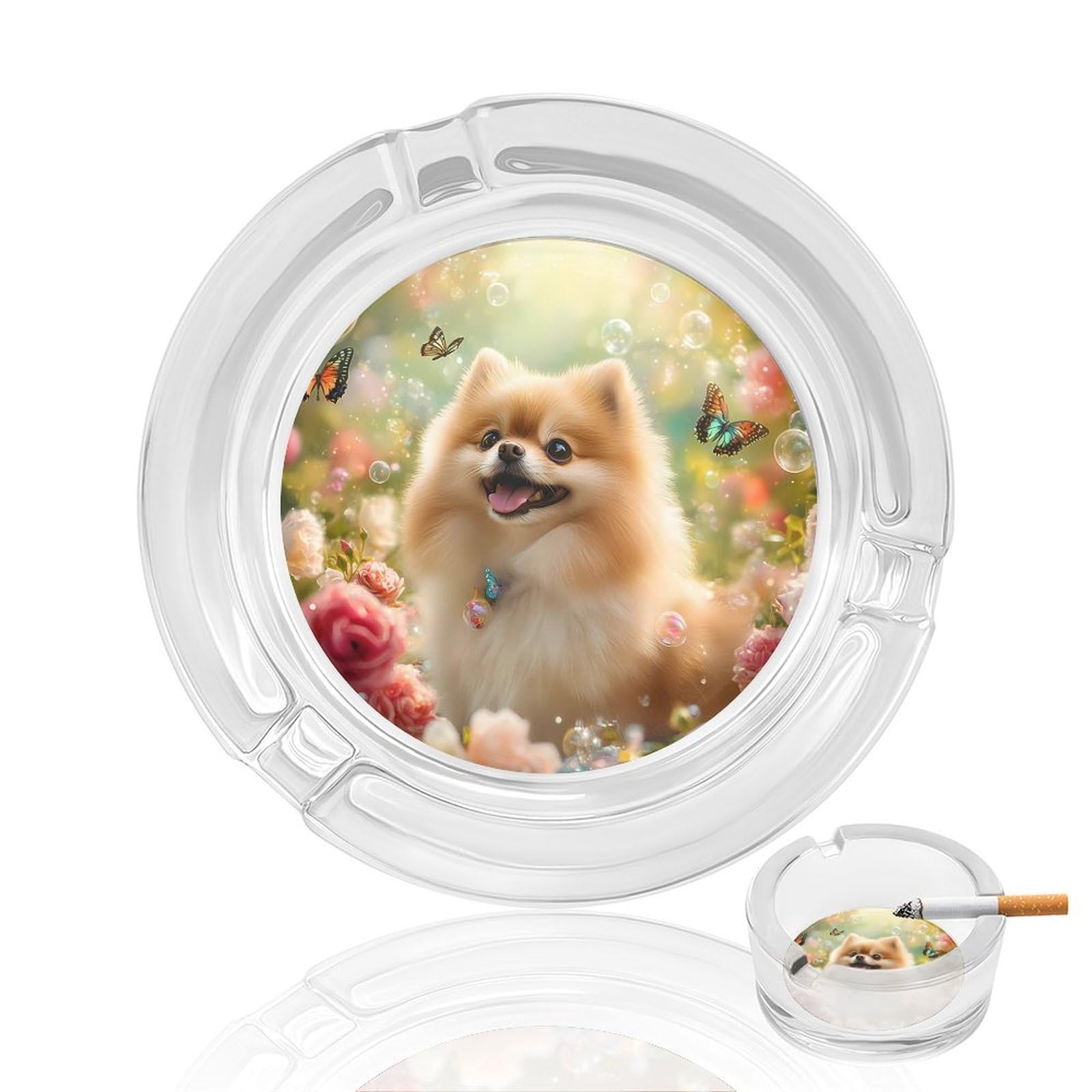Pomeranian Dog Butterfly Ashtray Portable Round Glass Outdoor Ash Tray for Home Office Garden Pub