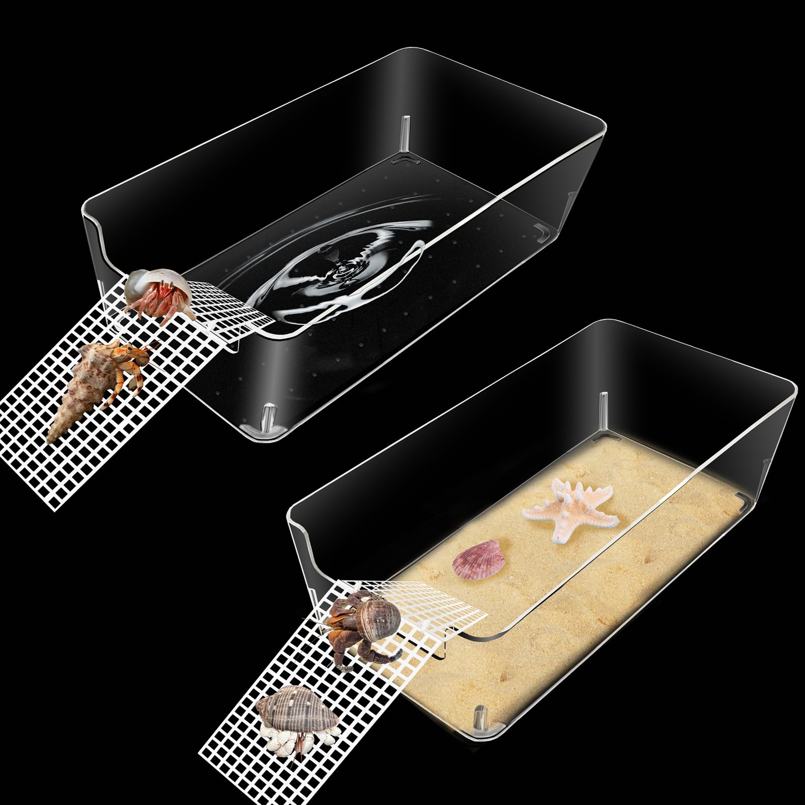 2 Pack Hermit Crab Water Tank, Hermit Crab Cage Accessories with Climbing Ramp Hermit Crab Aquarium Salt Water Pool for Small or Medium Hermit Crab