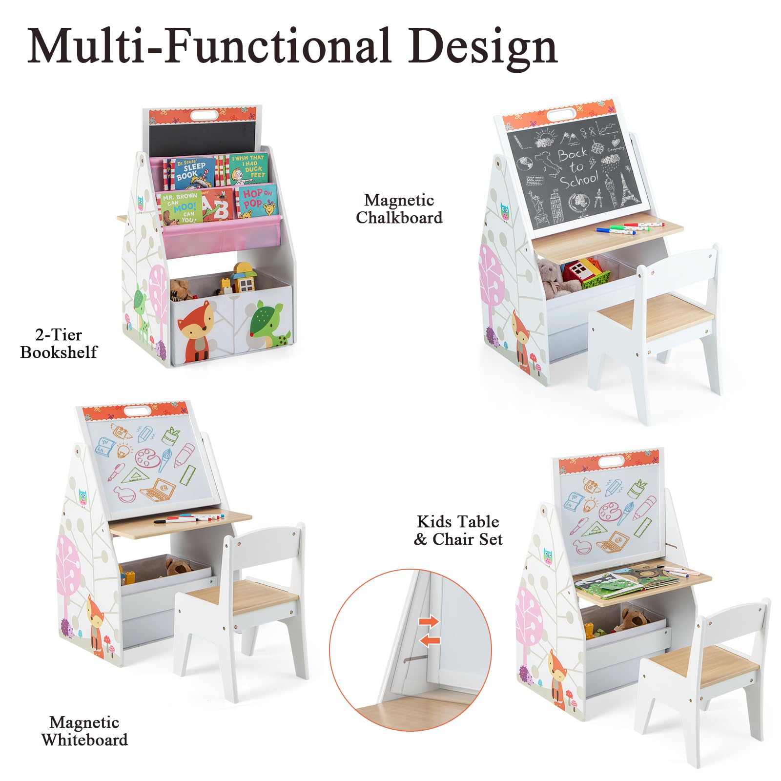 Costzon 4-in-1 Kids Art Easel & Activity Table With Stool – Magnetic Whiteboard, Chalkboard & Paper Roll