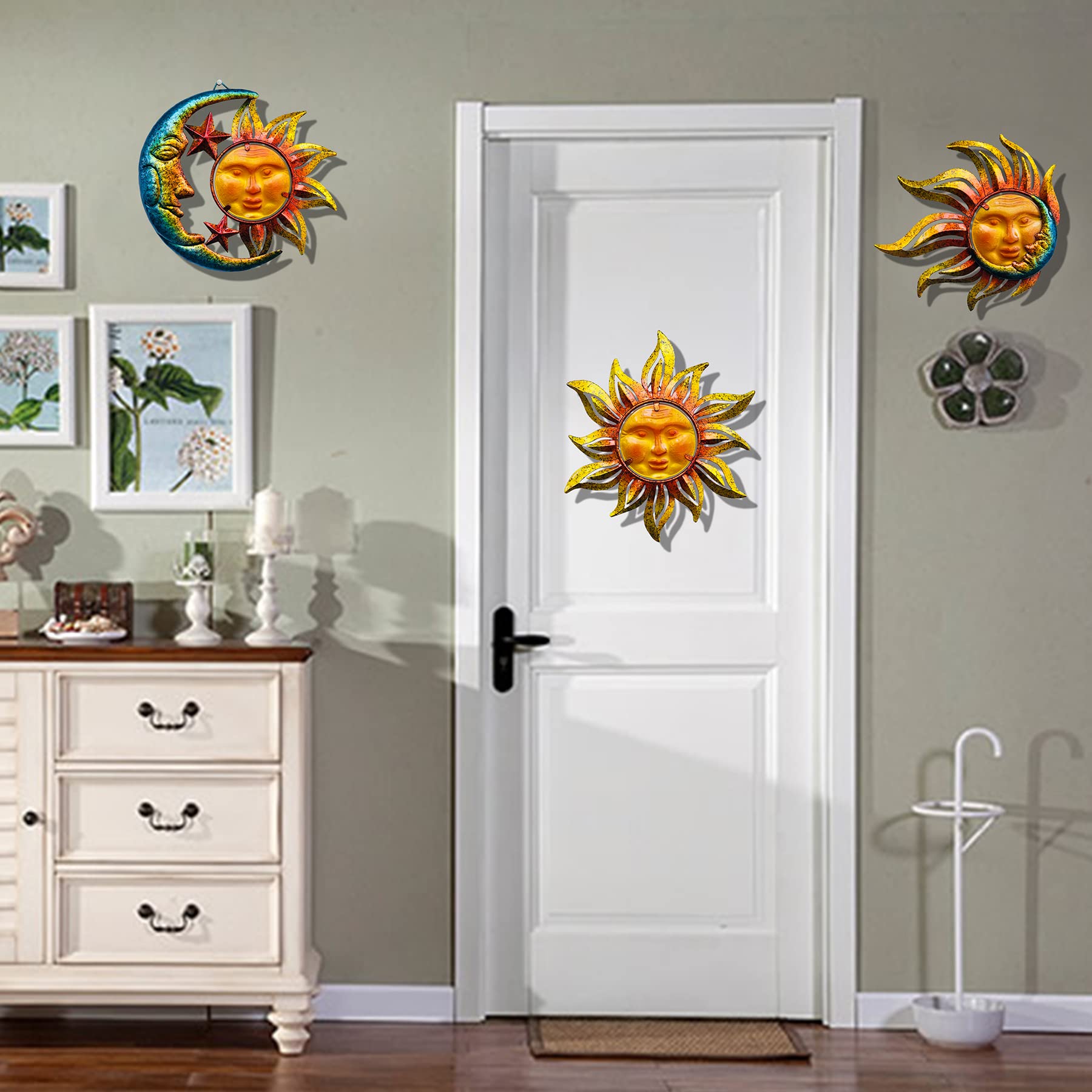 J-Fly Decorazione da parete in metallo, per esterni, sole, luna, stella, in metallo, per soggiorno, camera da letto, bagno, terrazza, veranda, balcone, 3 pezzi, 23 cm