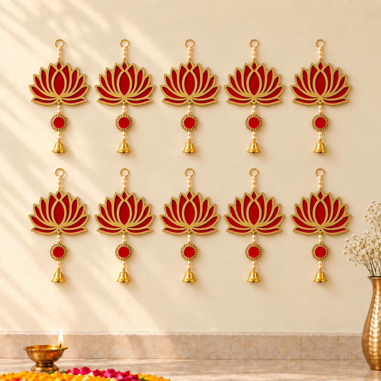 Diwali Lotus Decorations - Red & Gold Hanging -1