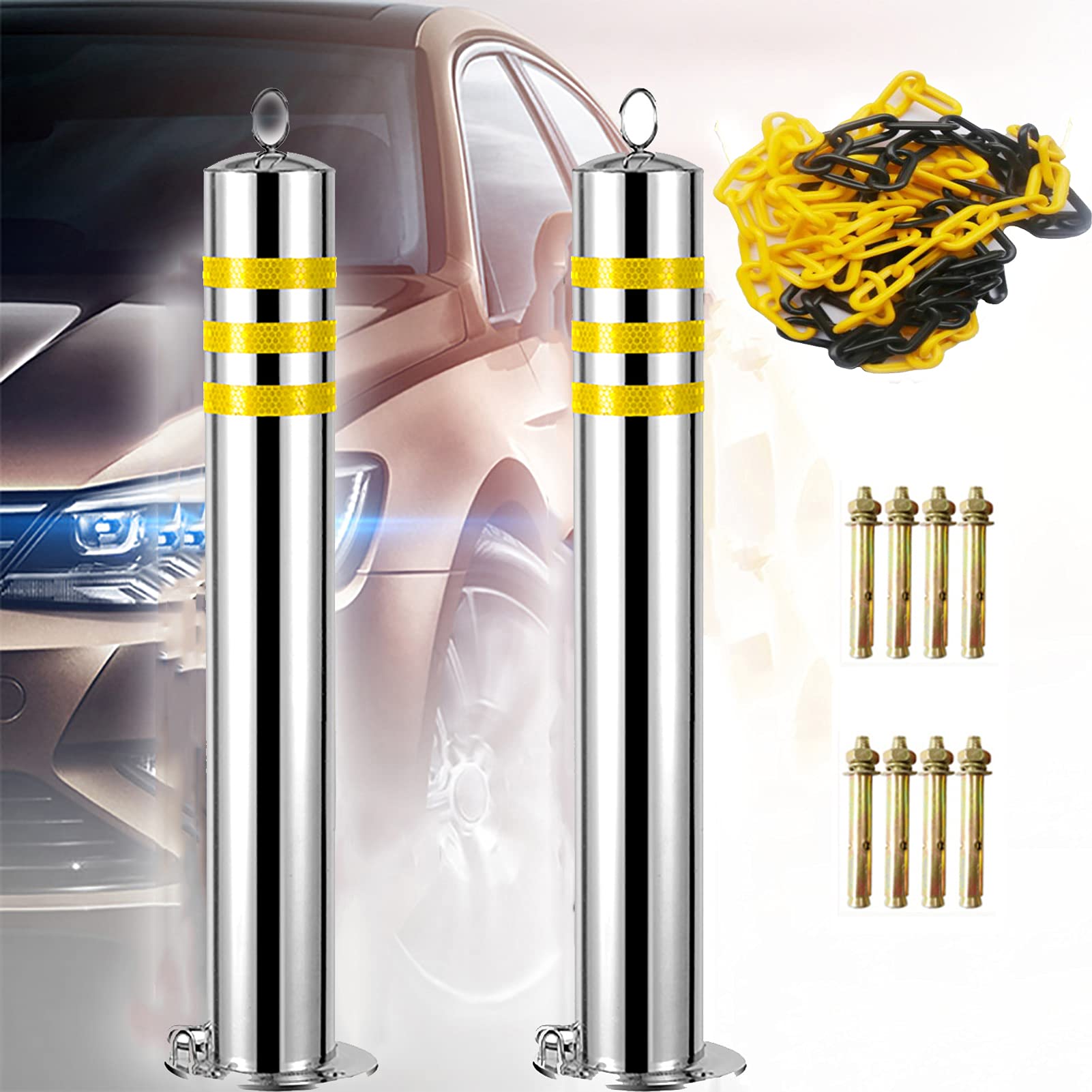 Zestaw barierek parkingowych z 2 słupkami ze stali nierdzewnej z plastikowym łańcuchem, barierą parkingową do parkowania komercyjnego lub prywatnego (srebro 800x76mm/31,5x3in) (srebro 650x76mm/25,5x3i