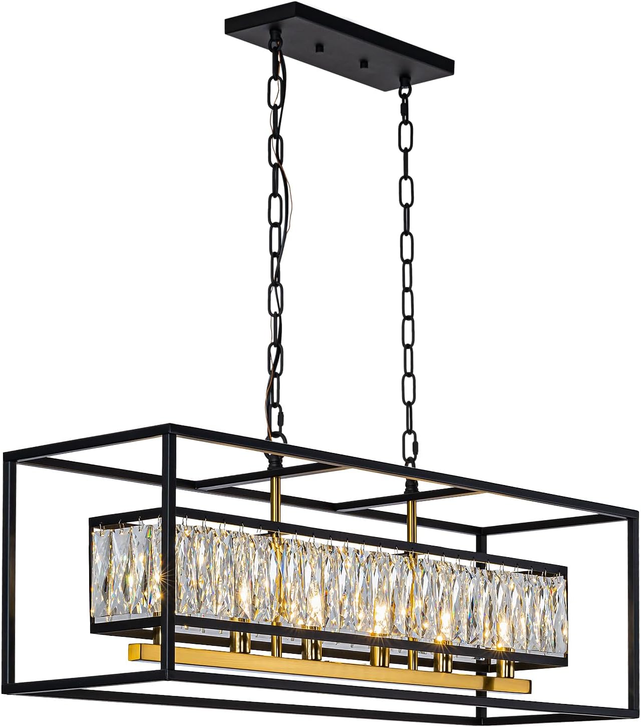 Modern Crystal Chandelier for Dining Room 6-Light Luxury Black and Gold Rectangle Contemporary Hanging Adjustable Pendant Light Fixture Over Table for Kitchen Island, L35 Inch