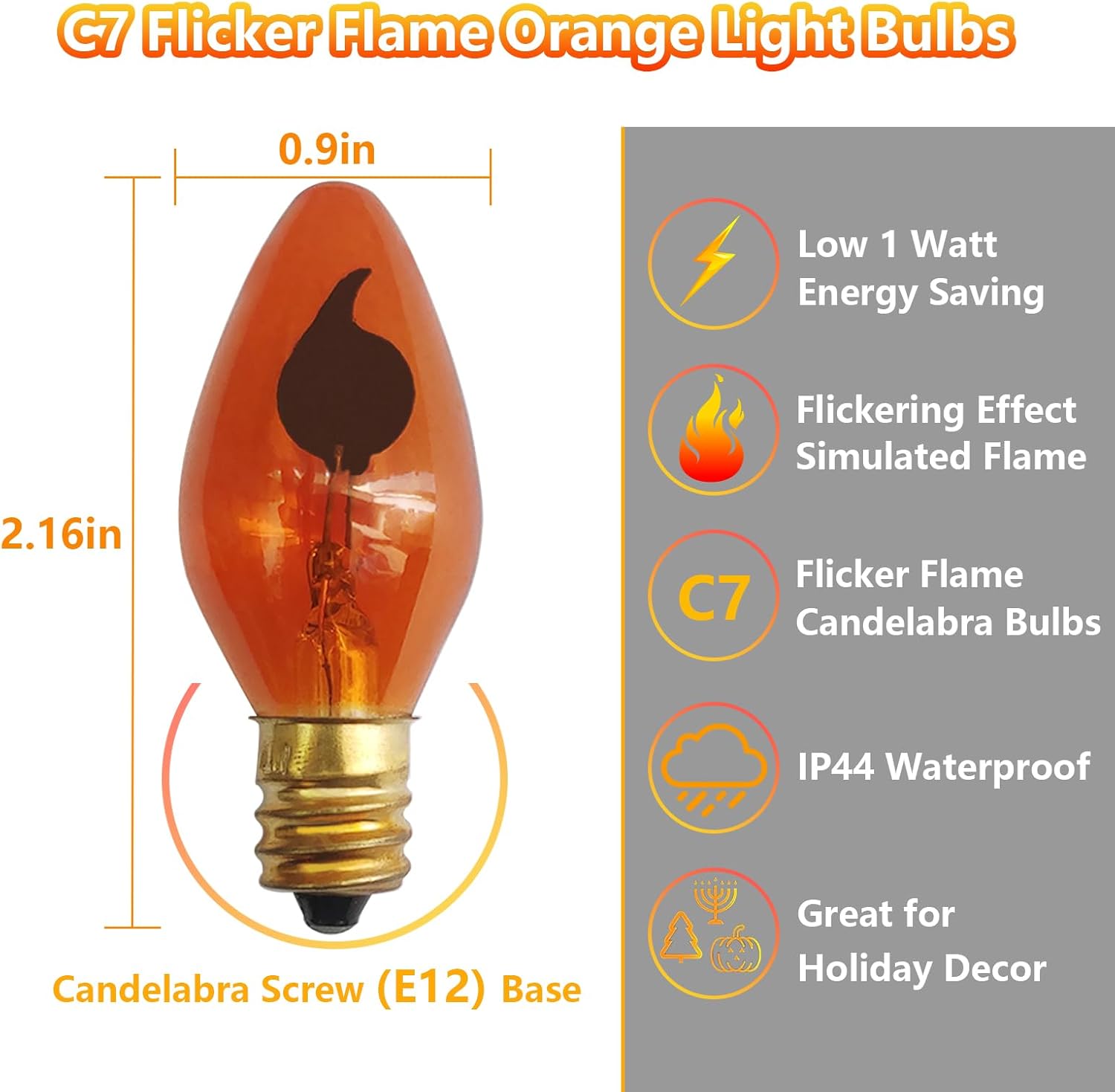 C7 Flickering Flame Light Bulbs, 12 Pack Orange Flickering, E12 Candelabra Base, 1 Watt Edison Bulbs - Night Light, Candle Lamp, Christmas & Halloween Decoration