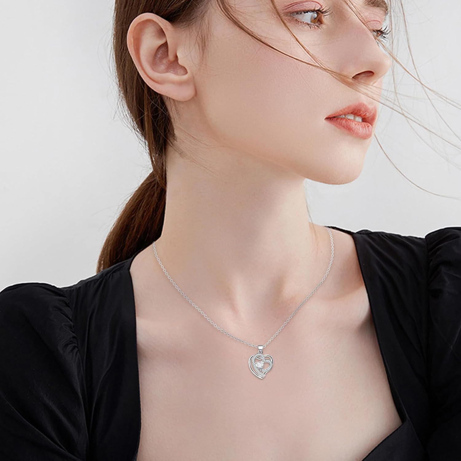 Sterling Silver Pendant Necklace for Women - Adjustable Double Heart Necklace Hypoallergenic Cubic Zirconia Love Heart-Shaped Charm Necklaces Classic Elegant Jewelry Gifts for Her Mom Wife,19inch - Image 3