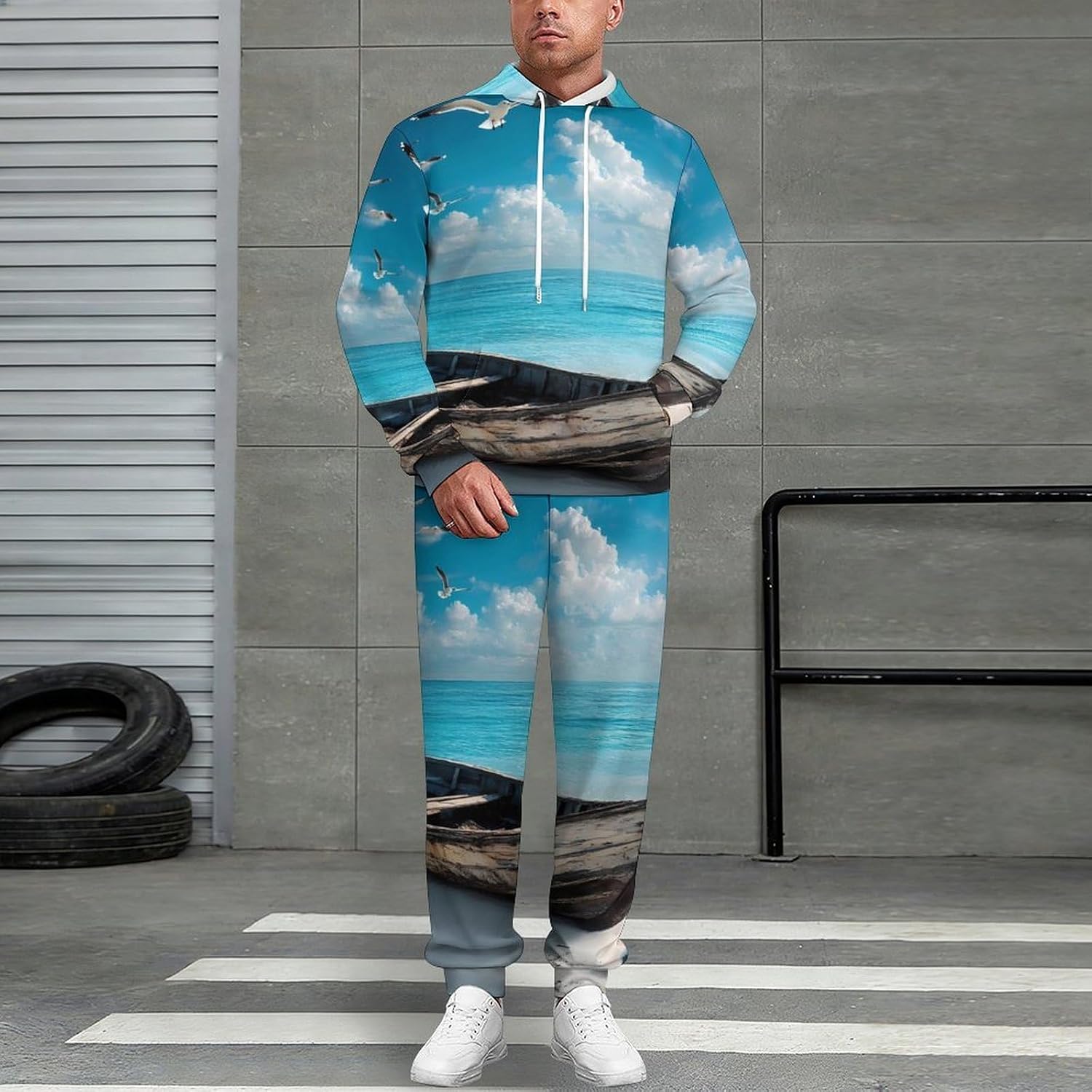 Boat on Beach Seagulls Adult 2 Piece Tracksuits Hoodie Sweatshirt And Joggers Sweatpants Sweat Suit Outfits