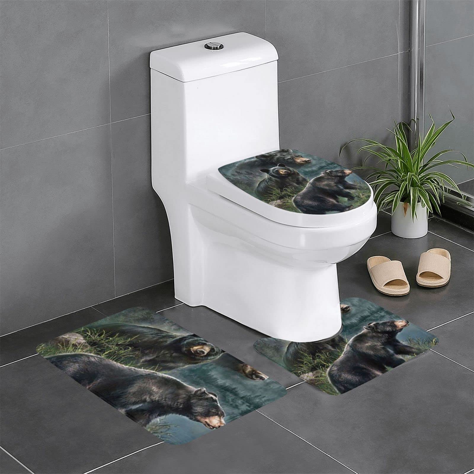 Tapis de salle de bain motif ours noir ensemble 3 pièces doux et absorbant