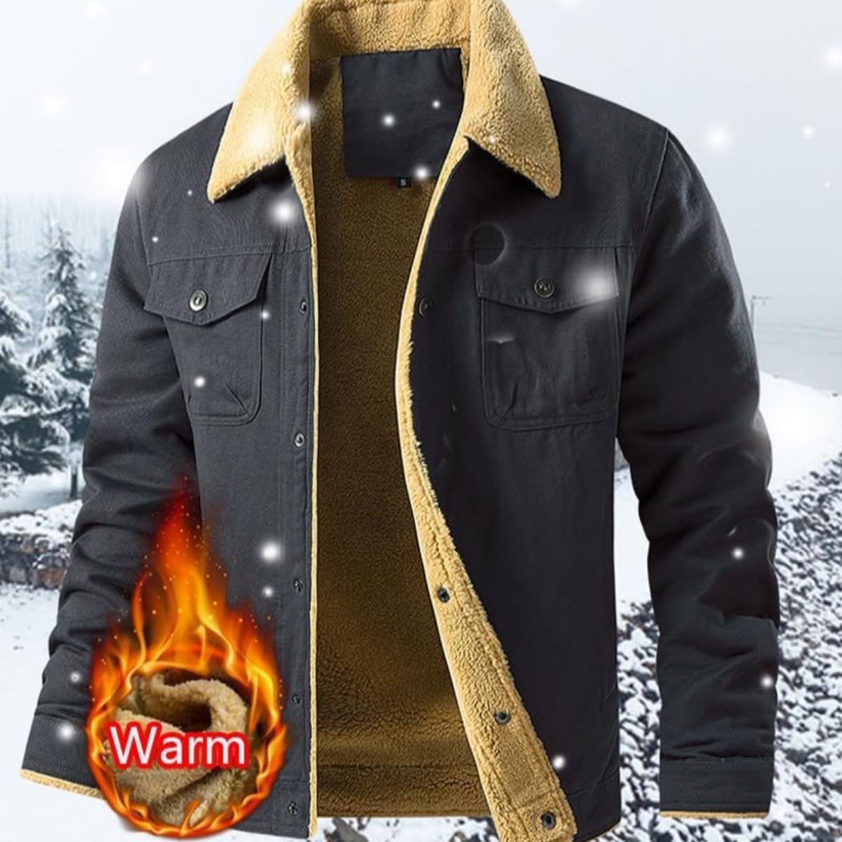 Men's Retro Western Winter Fleece Jacket,Sherpa Fleece-Lined Cotton Cargo Cowboy Jacket Warm Coat Multi Pocket