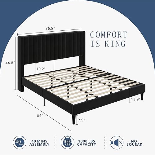 Miniatura 35 de VanAcc Base de cama tamaño Queen, plataforma tapizada de terciopelo con cabecera capitoné de canal, base de colchón con listones de madera, no