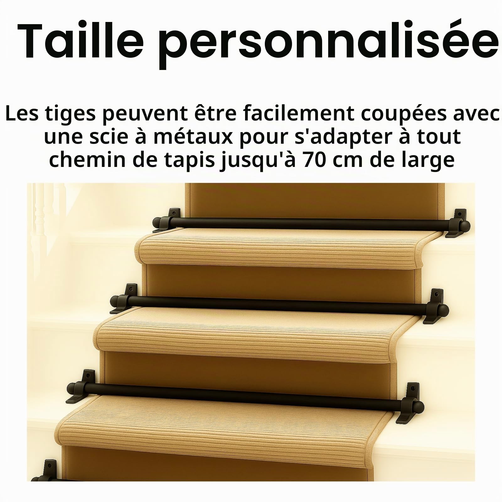 Lot de 13 tiges d'escalier décoratives en métal noir avec embouts ronds et vis pour tapis jusqu'à 70 cm, faciles à couper et à installer