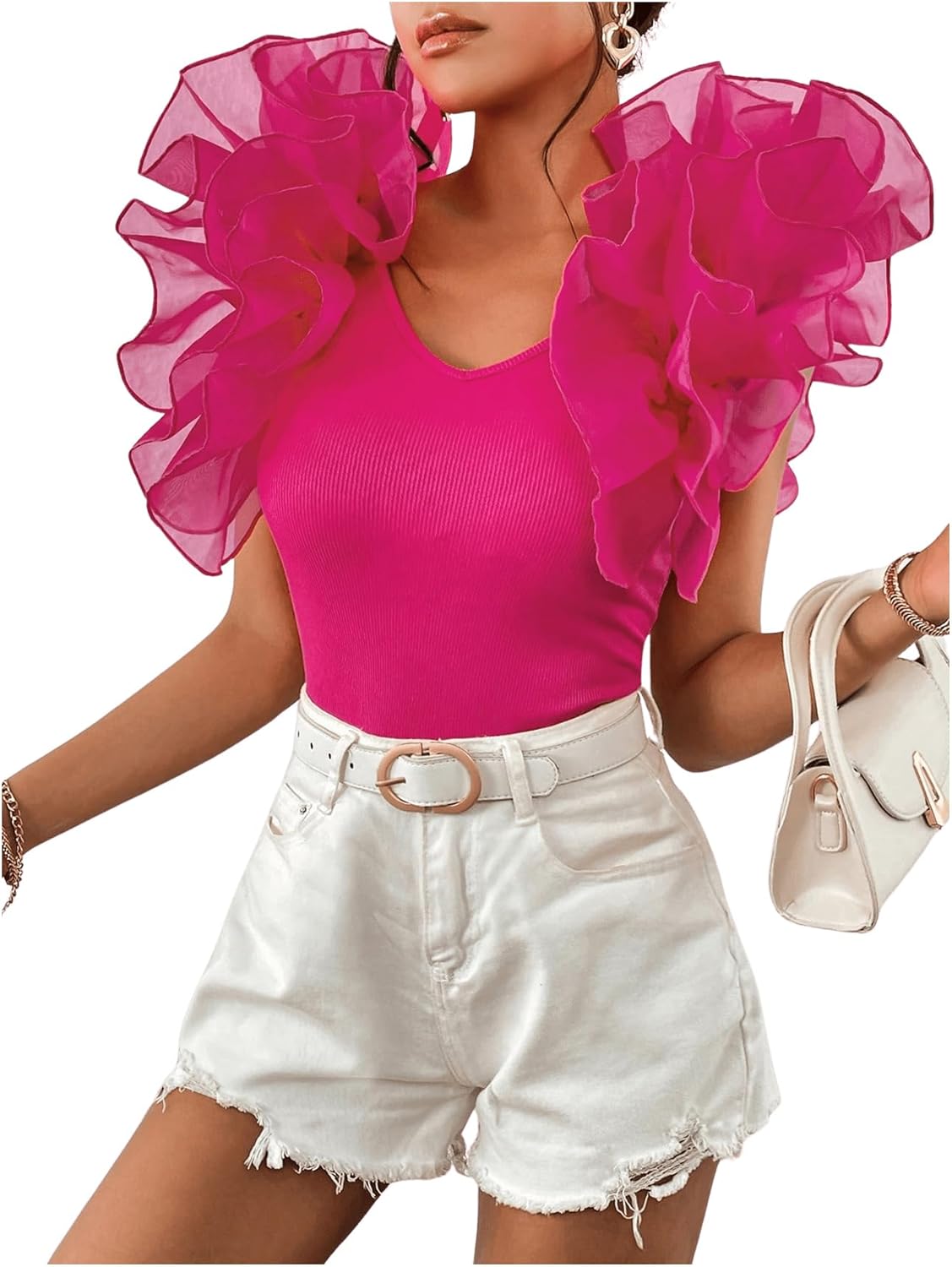 OYOANGLE Women's Short Sleeve Layer Ruffle Blouses V Neck Rib Knitted Tops - Image 3