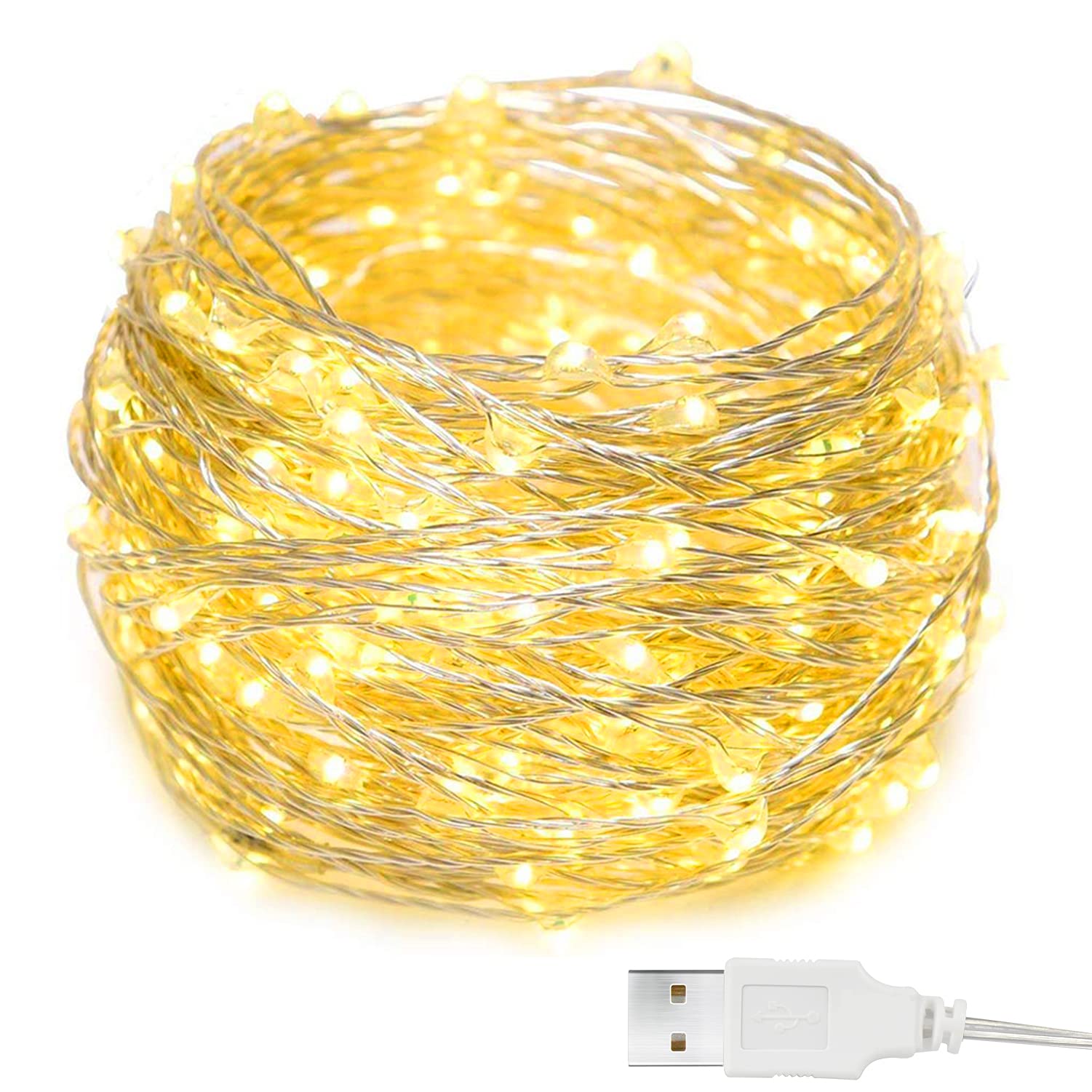 Romwish 12M 120LED Fairy Lights USB Powered Warm White String Lights, IP65 Waterproof Wire Plug in Outdoor/Indoor, Firefly Lights for Girls/Boys Bedroom, Christmas, Party, Wedding, Garden, Tent