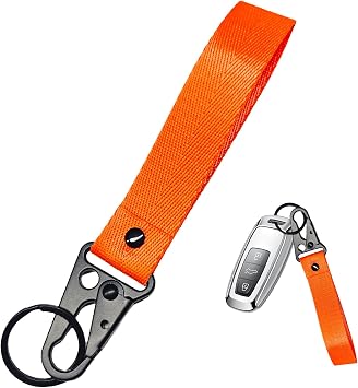 Car Key Chain, Anti-Lost Motorcycle Keyring Lanyard with Metal Ring, Fabric Wristlet Key Holder for Women Men Orange