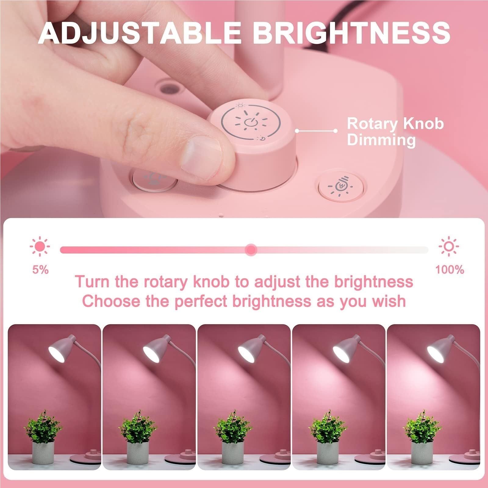 Lámpara De Lectura Lámpara De Escritorio LED con Puerto Carga USB, Luz Regulable, Cuello Cisne Flexible para Ojos(Pink)